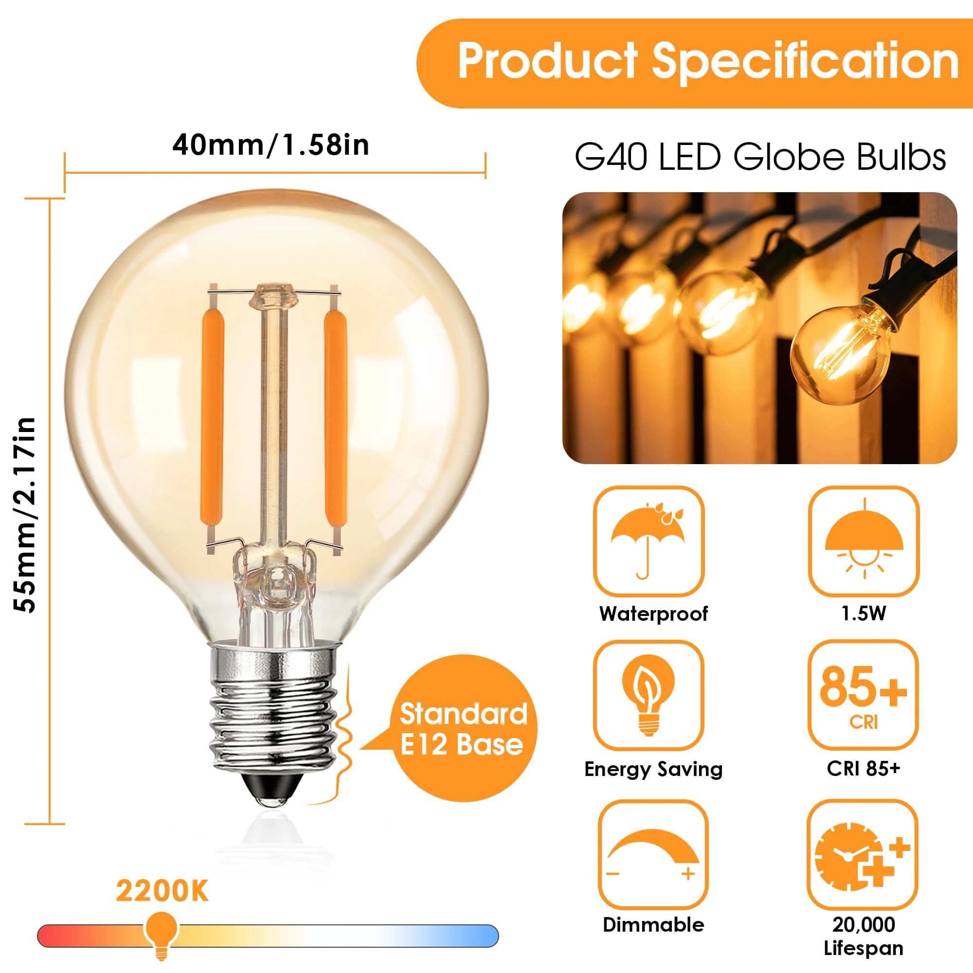 G40 décoration extérieure LED chaîne lumières 1.5W Globe ambre verre ampoule Dimmable guirlande fest