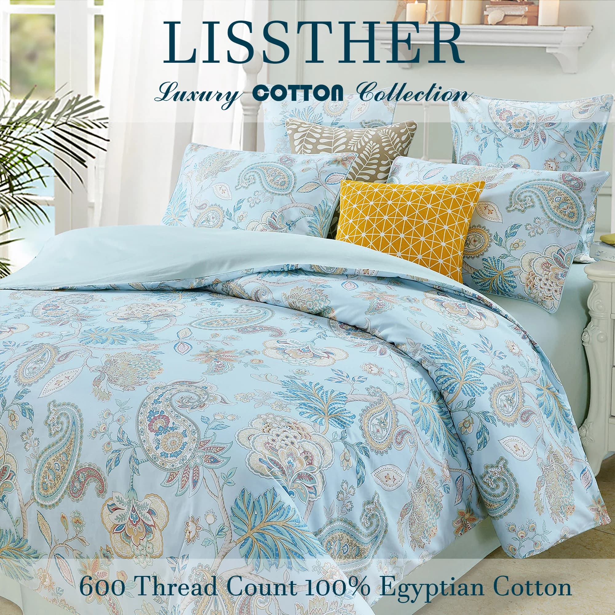 Ensemble de housses de sport en coton égyptien 600 TC 100%, sans noyau, motif floral de jardin bleu 