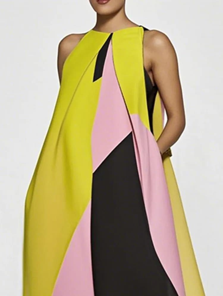 Yeezzi 2025 nouvelle robe trapèze de vacances d'été pour les femmes mode bloc de couleur plissé col 