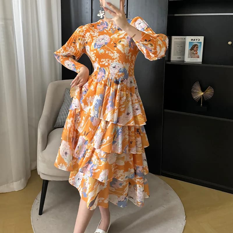 Robe mi-longue plissée de style étranger pour femmes, jupe à bulles vintage, imprimé floral, taille 