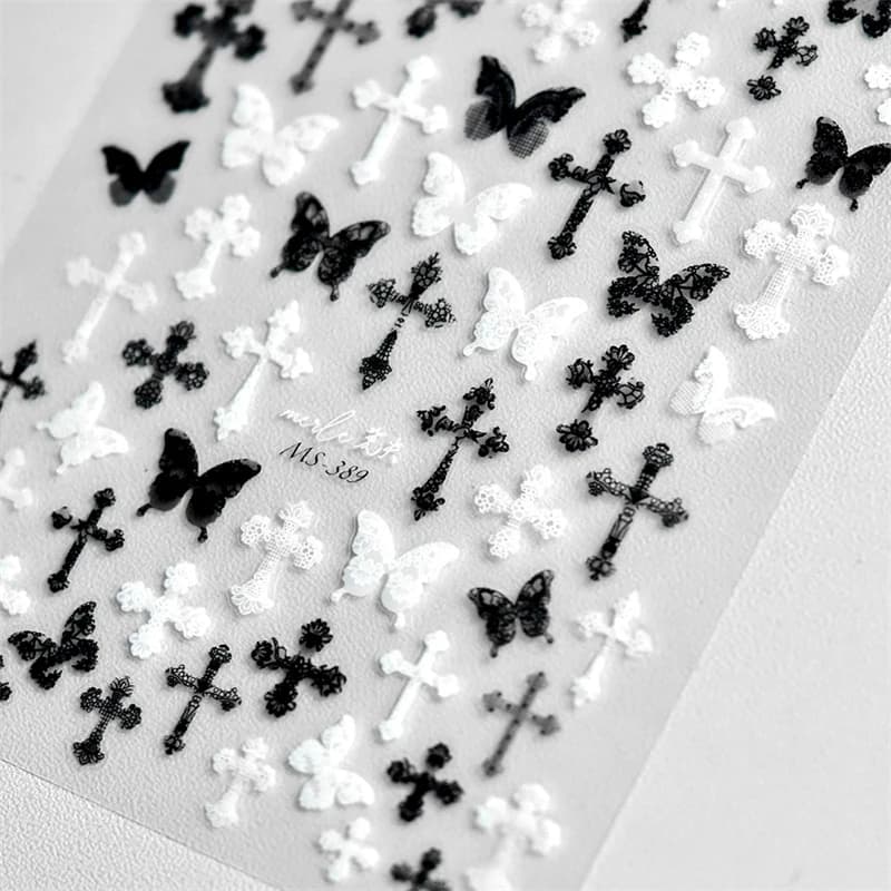 Femme Sexy noir blanc dentelle papillon croix 5D doux en relief Relief auto-adhésif Nail Art décorat