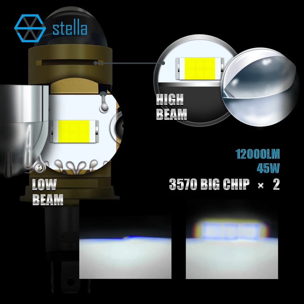 Stella Bi LED lentille projecteur H4 Mini ampoule 110W Canbus 14000LM facile à installer ventilateur