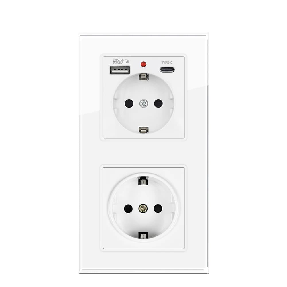 SRAN Prise murale USB à installation verticale, double prise EU 220V, panneau en verre trempé 153*82