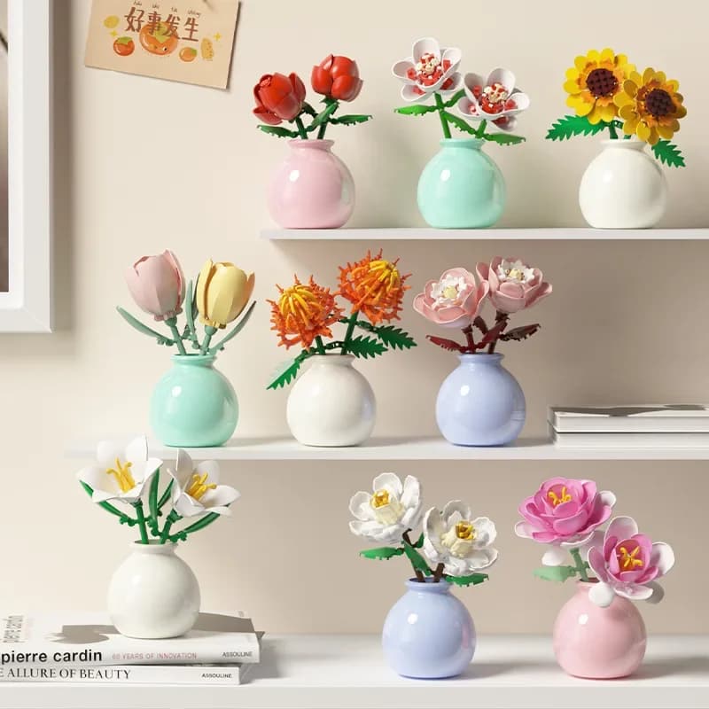Blocs de construction pot plante bouquet de fleurs, roses, blocs de construction de lys, jouets avec