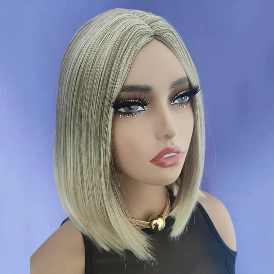 Perruque Bob pour femmes, cheveux synthétiques courts et lisses avec reflets blonds, partie centrale