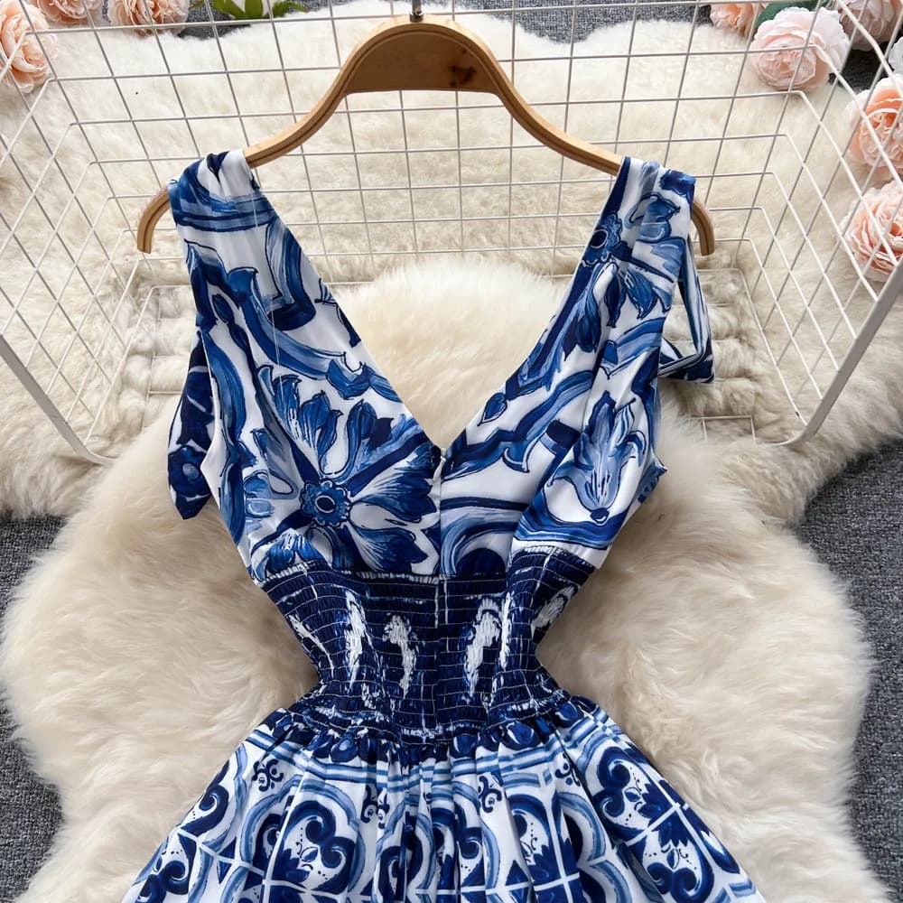Robe longue de vacances pour femmes, nœud, bretelles Spaghetti, col en V, taille élastique, bleu et 
