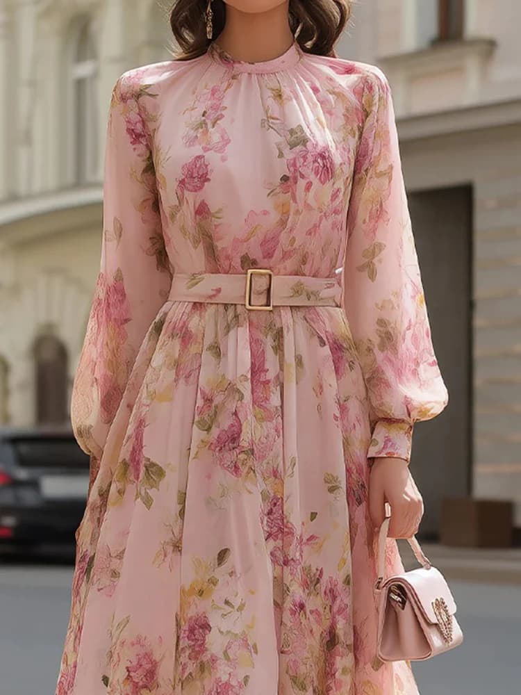 Robe longue chic à imprimé patchwork pour femme, manches bouffantes, col rond, idéale pour les fêtes