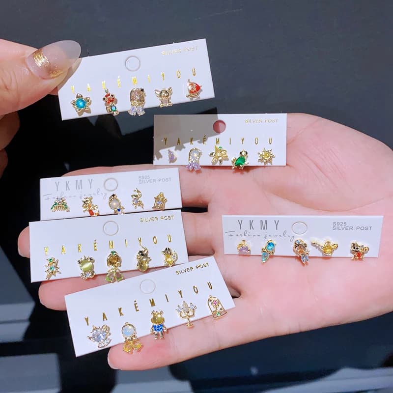 Boucles d'oreilles mixtes en cristal de Zircon coloré, 5 pièces/ensemble, conte de fées, pour femmes