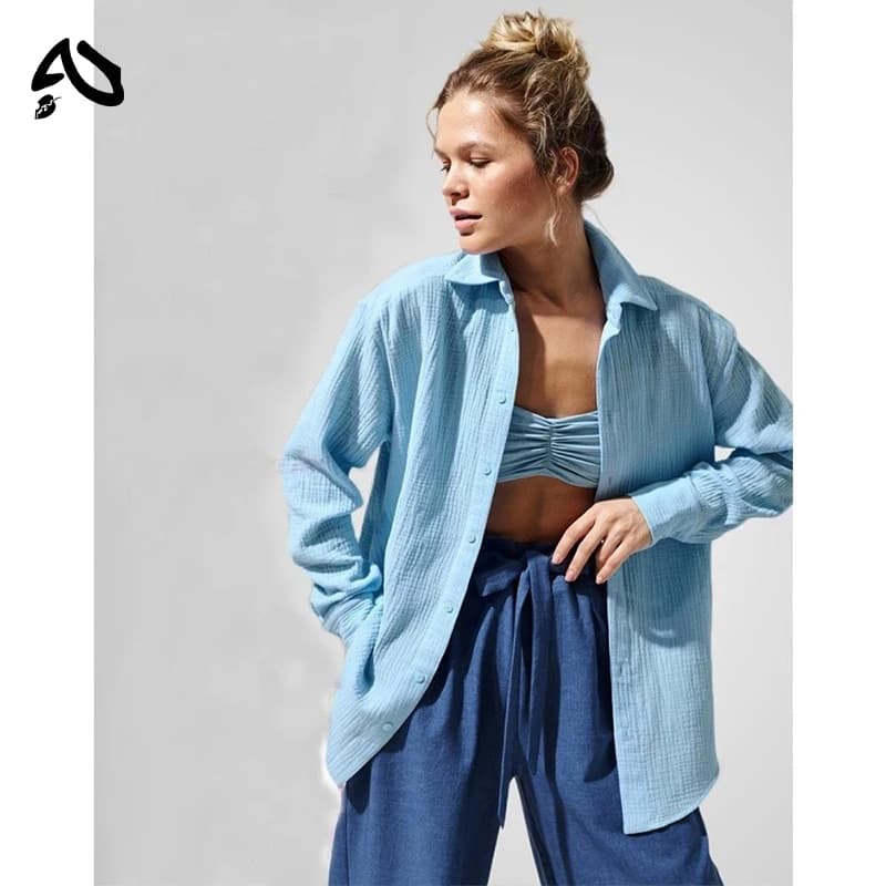 Chemise en mousseline 100 % coton décontractée unie pour femme, hauts amples à boutons, chemises et 