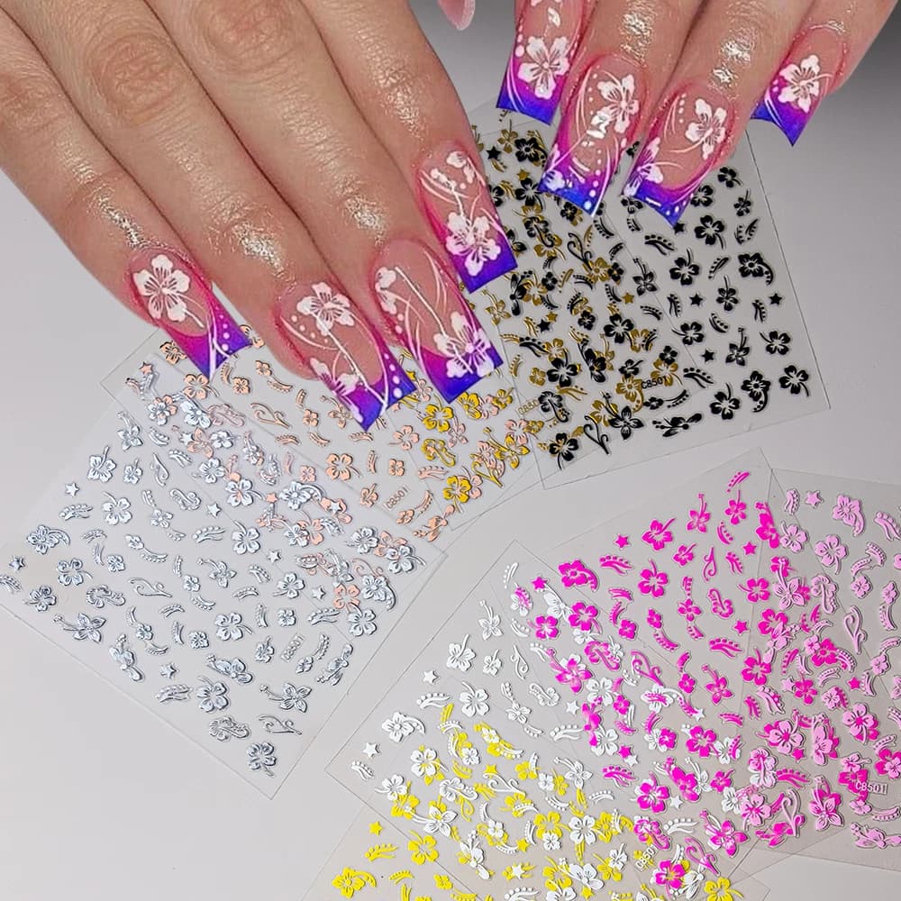 Autocollant 3D fleurs d'hibiscus pour ongles, 1 pièce, pétales de fleurs blancs et noirs, décalcoman