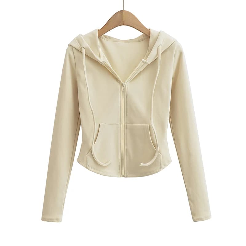 Sweat à capuche court à manches longues pour femmes, haut court, sexy, slim, fermeture éclair complè