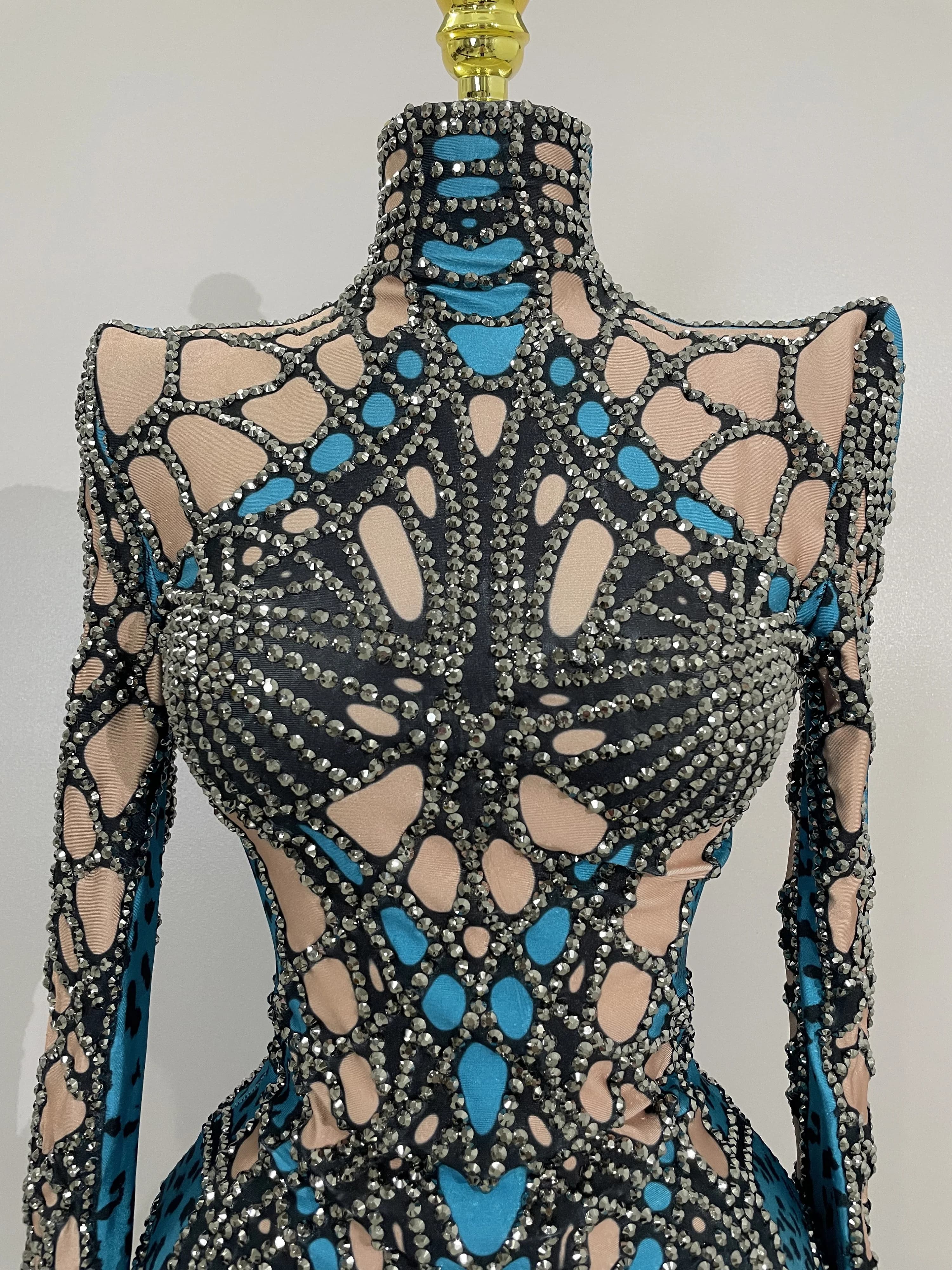 Body extensible à manches longues avec strass scintillants pour femmes, Costume de soirée de luxe po