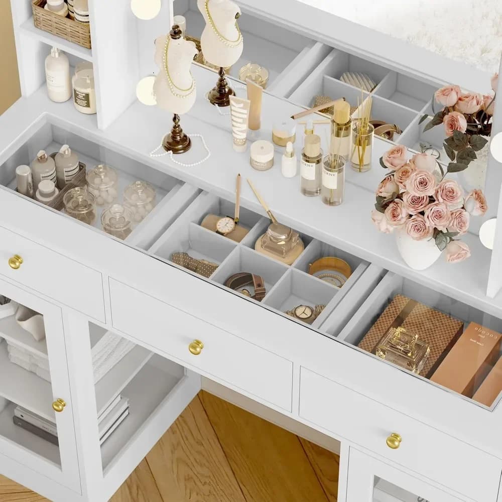 Vanité blanche avec plateau en verre, lumières LED et prise de courant, 3 tiroirs