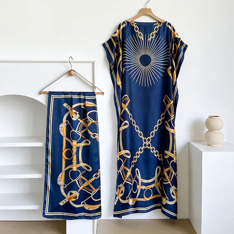 NOUVELLE Robe d'été imprimée tendance avec grande écharpe, Kaftan Dubaï Turquie, Abaya ample musulma