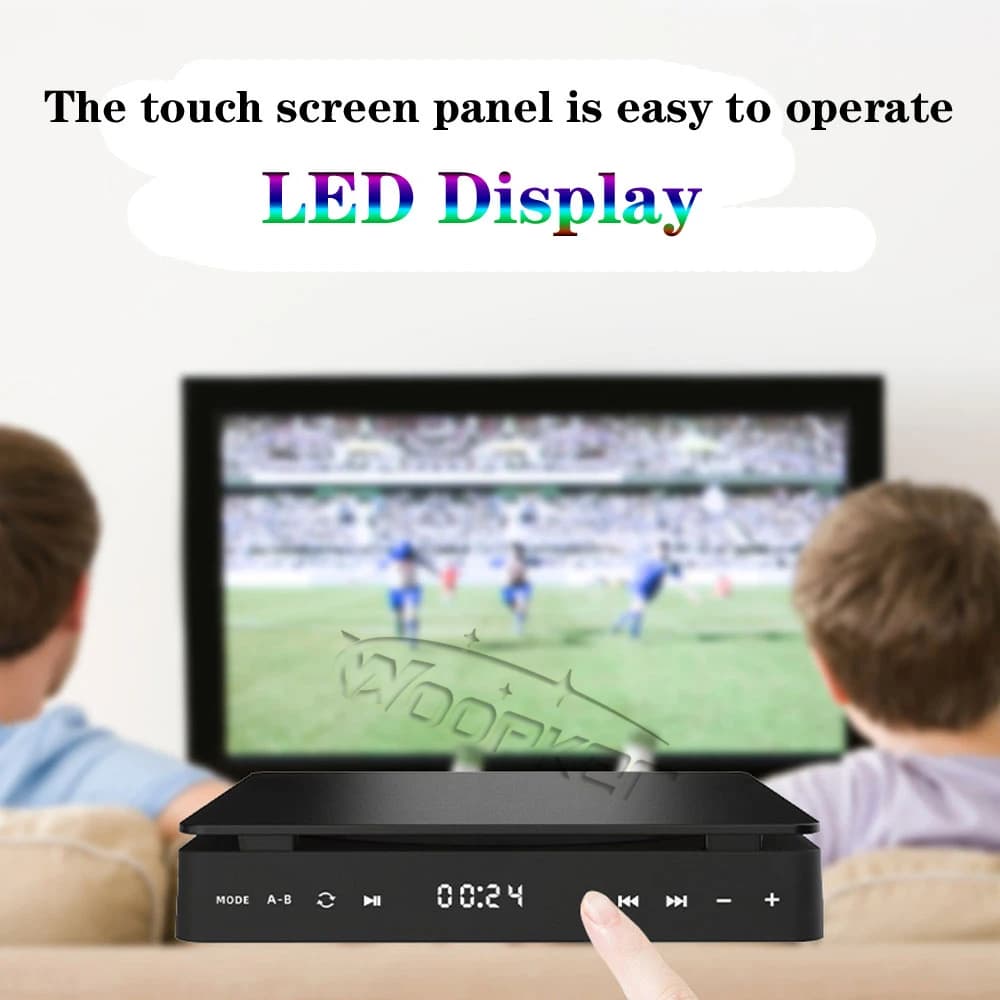 Lecteur DVD Woopker, lecteur HD, connexion HDMI AV avec entrée USB, sortie casque, écran tactile LED