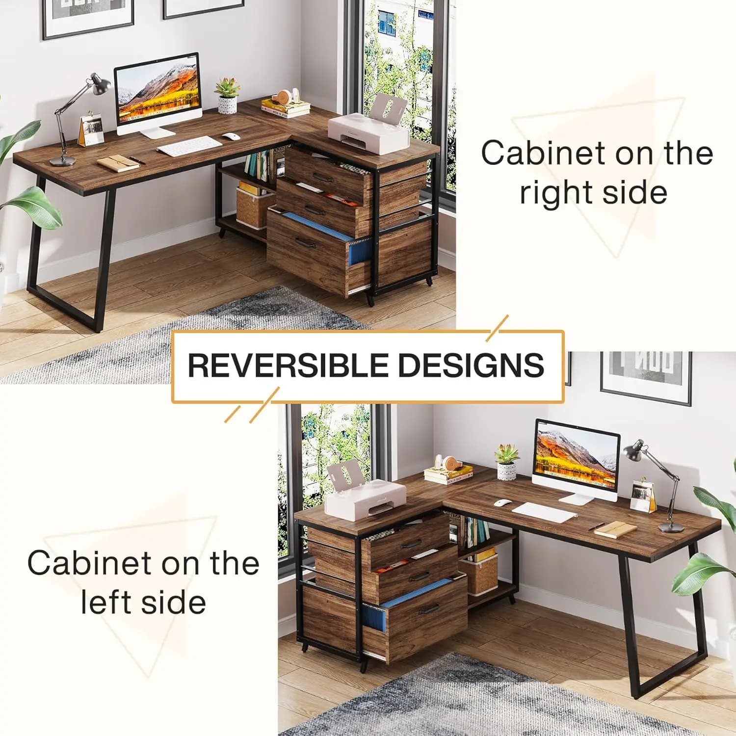 Bureau d'ordinateur en forme de L avec 3 tiroirs, bureau à domicile avec étagères, bureau PC industr