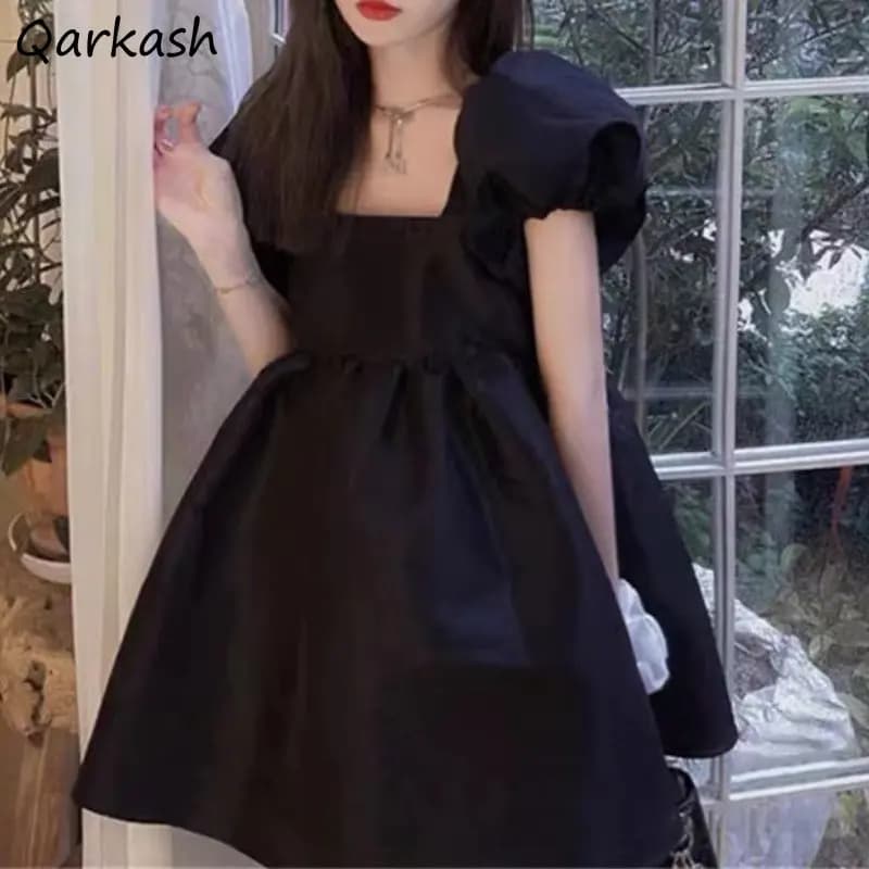 Mini robe de Rhà manches bouffantes pour femmes, robes de princesse noires douces, style français, t