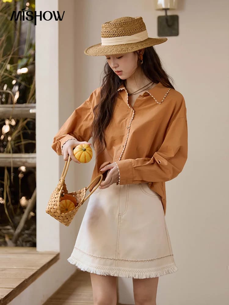 MISHOW femmes 100% coton chemise 2025 automne coréen revers col en v simple boutonnage hauts dentell