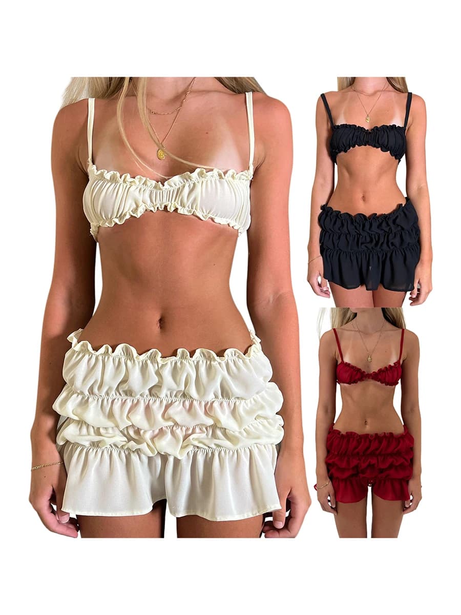 Tenues de plage 2 pièces pour femmes, camisole en fibre mince noire, mini jupe à volants sexy, ensem