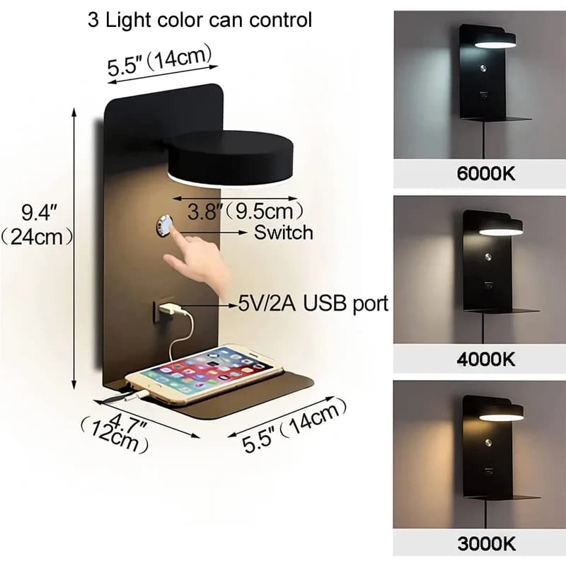 Applique Murale LED avec Chargeur USB pour Téléphone Portable, Luminaire Décoratif d'Nikavec Joli, I