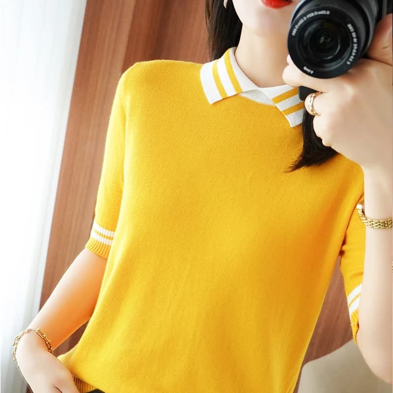 T-shirt tricoté 100% coton pour femmes, pull à manches courtes, décontracté, couture à revers, grand