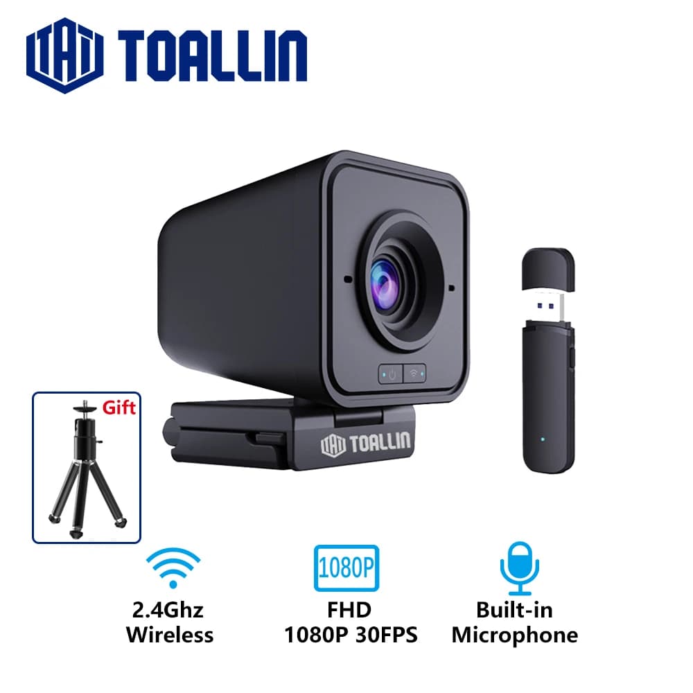 TOALLIN Webcam sans fil 1080P caméra PC, avec Microphone, caméra Web sans fil 2.4Ghz pour les appels