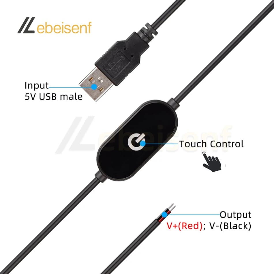 Câble de commutation de gradation tactile USB 2A 5V, 1.5M, USB 2.0A à 2 fils de sortie 5-100%, contr