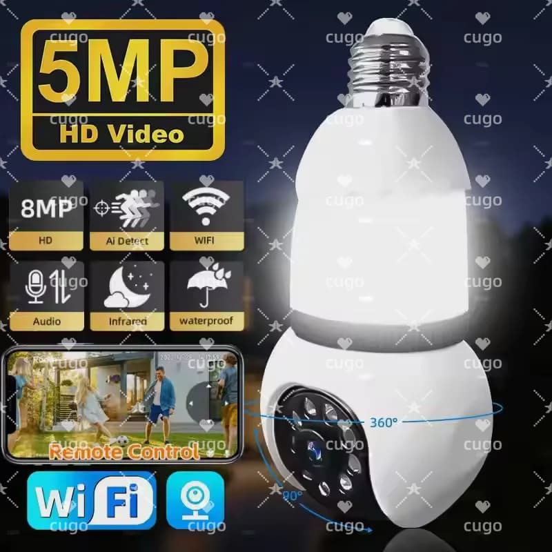 Caméra WiFi LED E27 5MP, ampoule intelligente, caméra IP de surveillance, PTZ, zoom 8X, suivi, audio