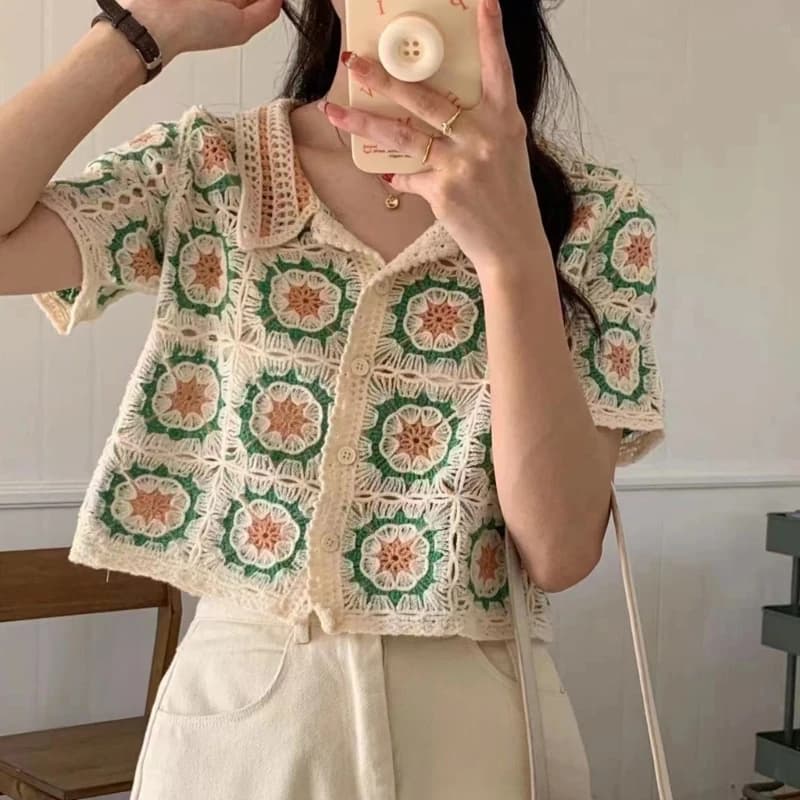 H9ED – Cardigan à manches courtes pour haut court en tricot, boutonné, coloré