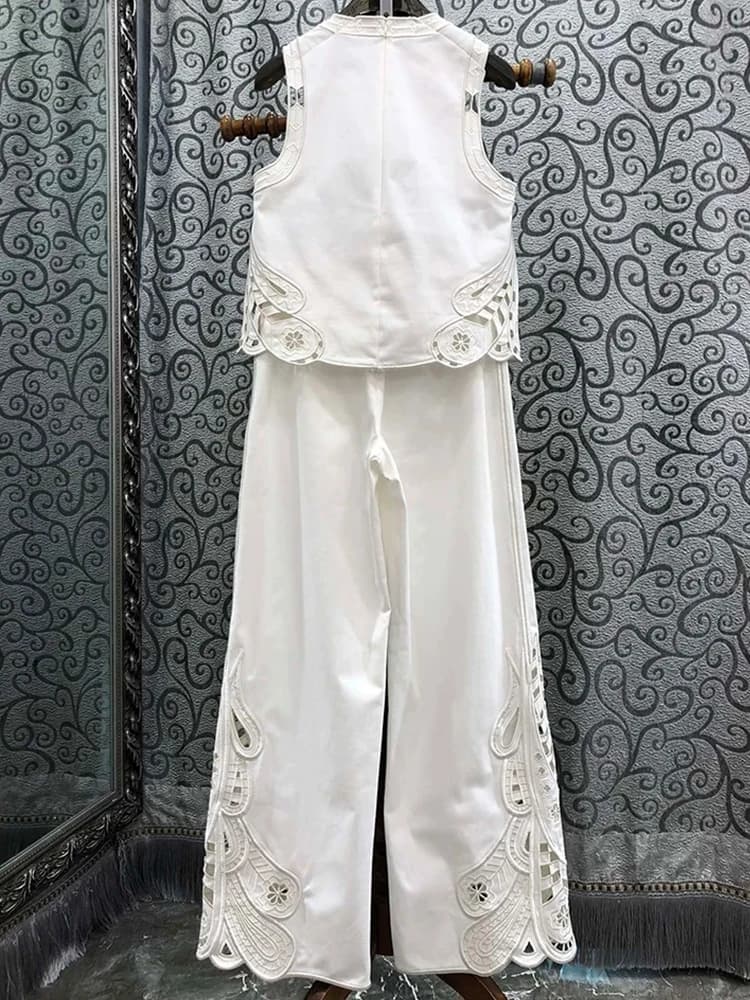 Printemps/été 2025 nouveau haut sans manches à col rond creux brodé + pantalon droit décontracté mod