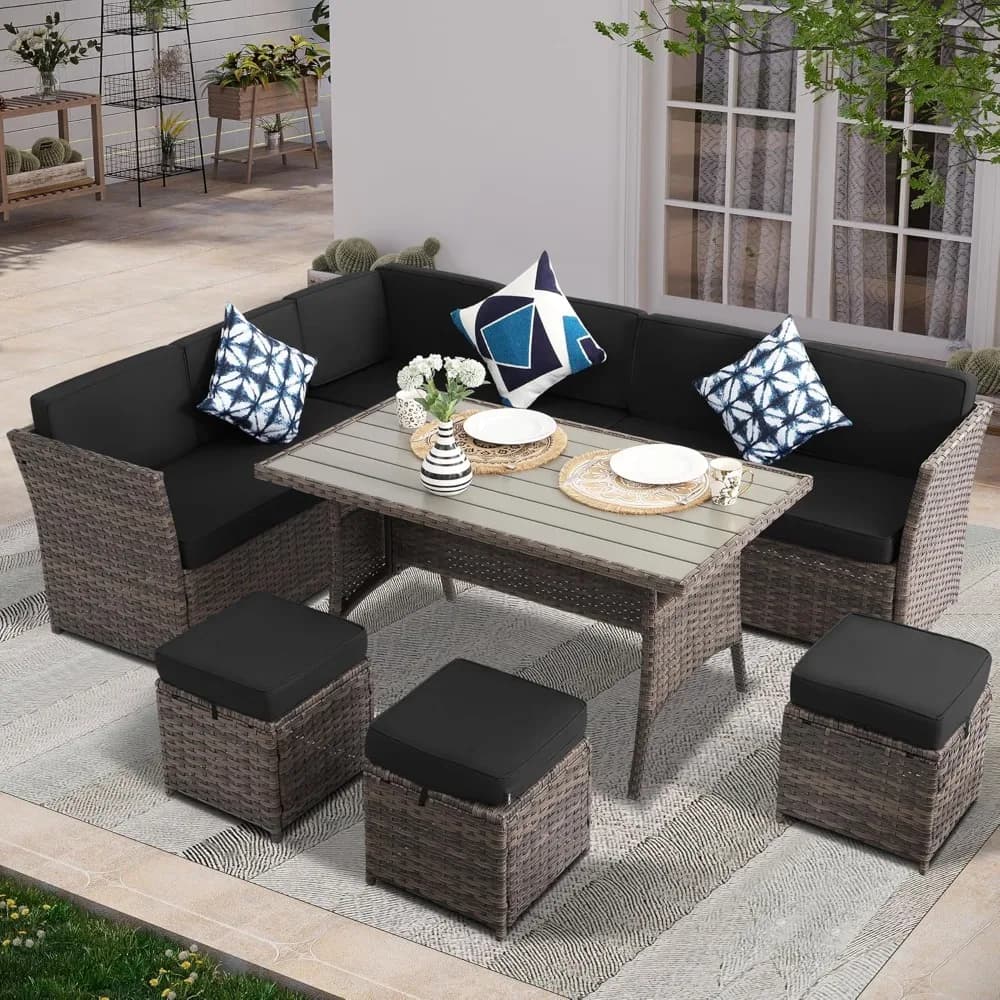 Ensemble de meubles de patio 7 pièces, ensemble de salle à manger d'extérieur en rotin et osier PE, 
