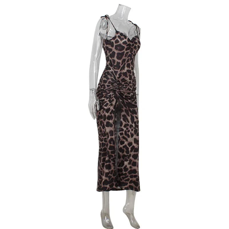 Robes imprimées léopard pour femmes, vêtements de fête Sexy, Spaghetti, fente latérale haute, col en