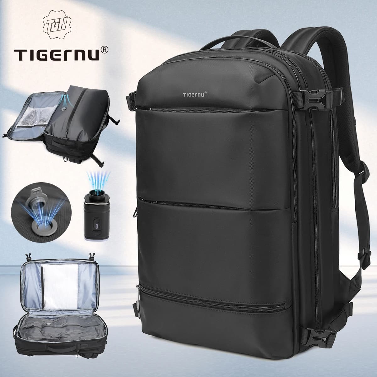 Sac à dos de compression sous vide Tigernu pour hommes, sac à dos de voyage extensible avec port USB