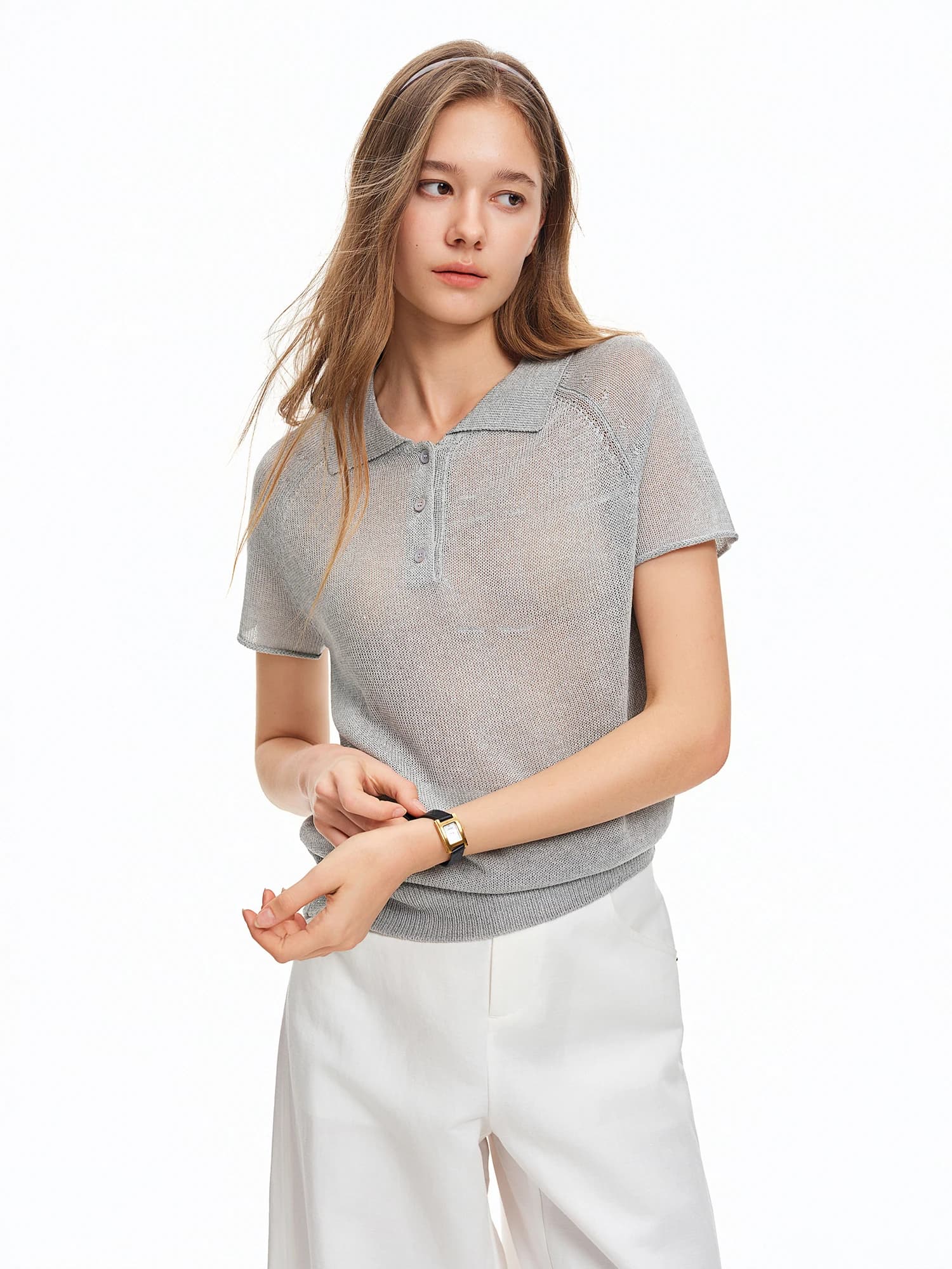 DUSHU Femme 【Élégance estivale】 T-shirt ample à col polo en maille, nouvelle collection été 2026, st