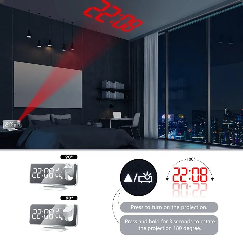 LED numérique miroir Projection réveil maison FM Radio thermomètre hygromètre USB réveil montre 180 