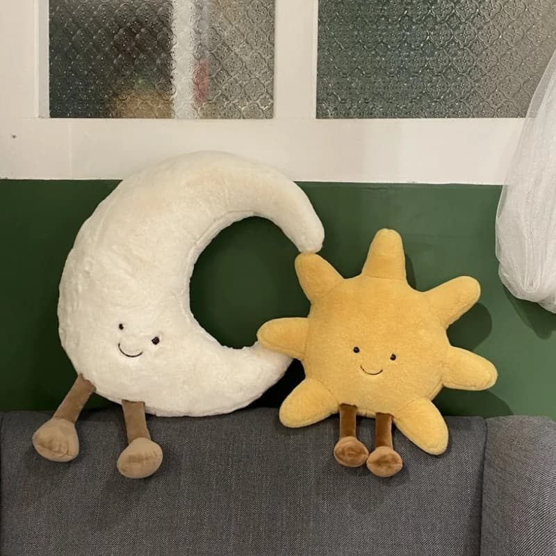 Adorable sourire visage blanc lune jaune soleil peluche peluche mignon dessin animé météo peluche jo