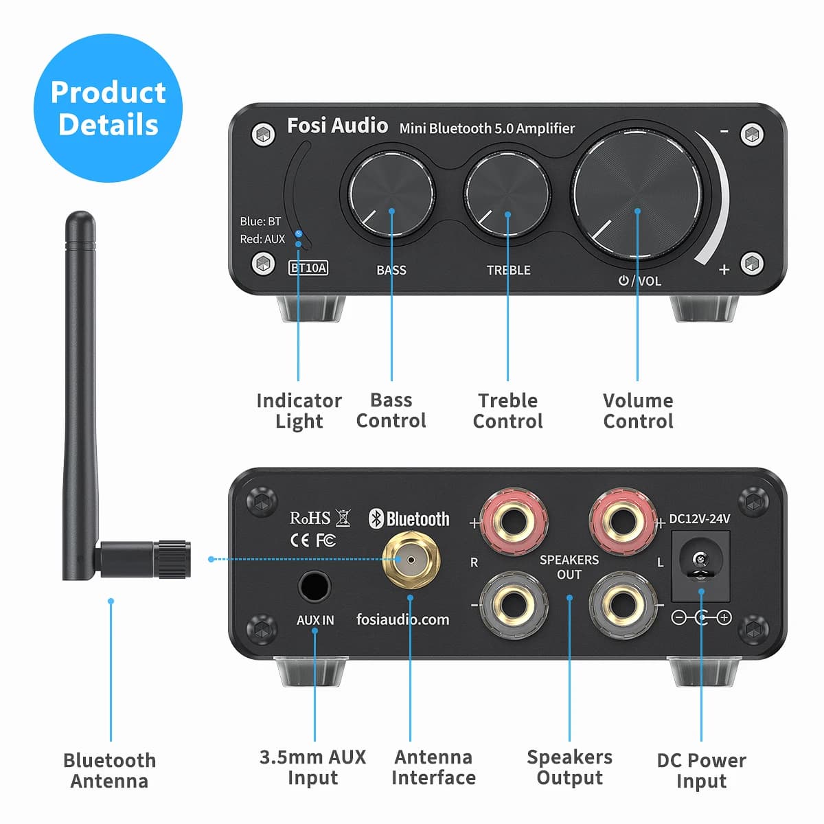 Fosi Audio BT10A Mini amplificateur Bluetooth 2 canaux pour haut-parleurs domestiques aigus et basse