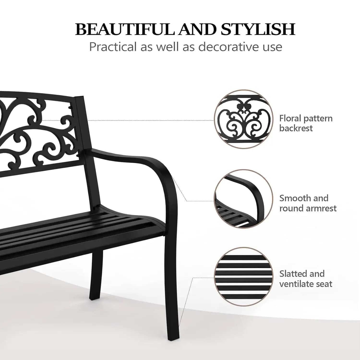 Banc de jardin extérieur en métal avec dossier en PVC à motifs, pour patio, véranda, cour, pelouse, 