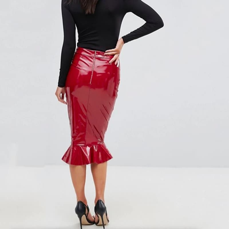 Jupe mi-longue à volants en faux latex pour femmes, jupes Hobble, cuir PU brillant, extensible, tamb