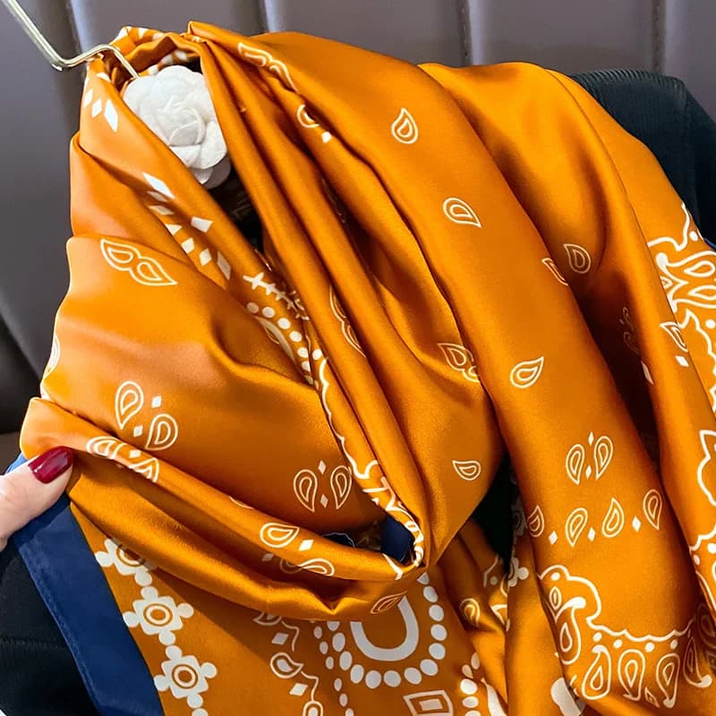 Grand châle en satin imprimé pour femme, écharpe de marque de luxe, bandeau de sauna, hijab, turban,