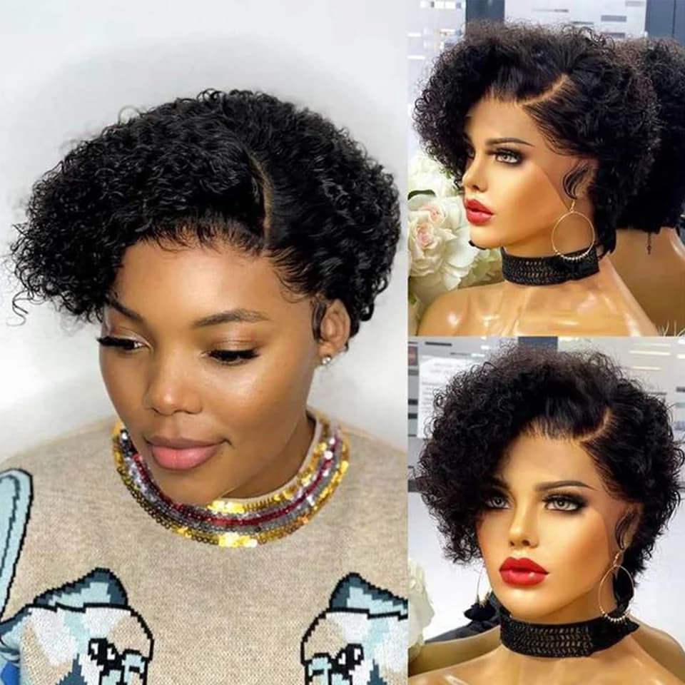 Perruque Bob courte coupe lutin perruque cheveux humains bouclés perruques pour femmes 13x6x1 dentel