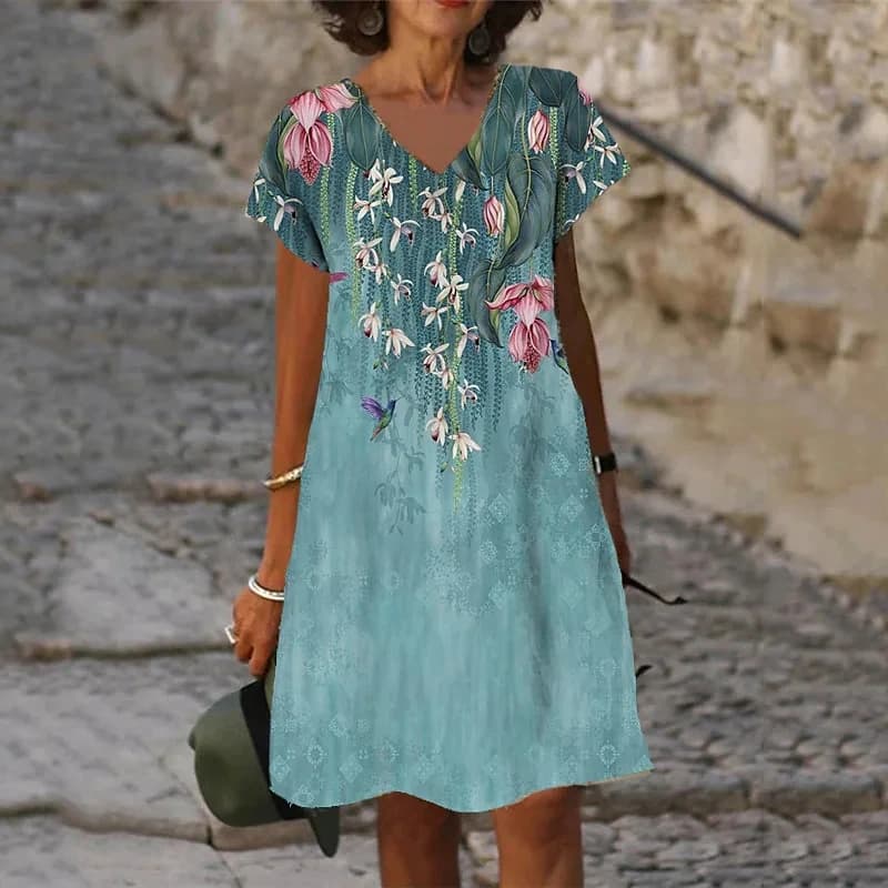 Robes imprimées florales paon 3D pour femmes, nouvelle mode d'été 2022, manches courtes, col en v, r