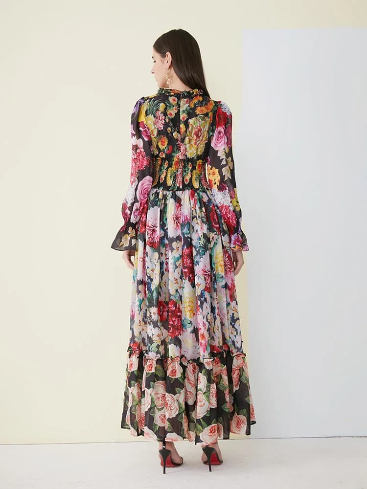 Robe d'été élégante en mousseline de soie pour femmes, imprimé floral, manches longues, col à volant
