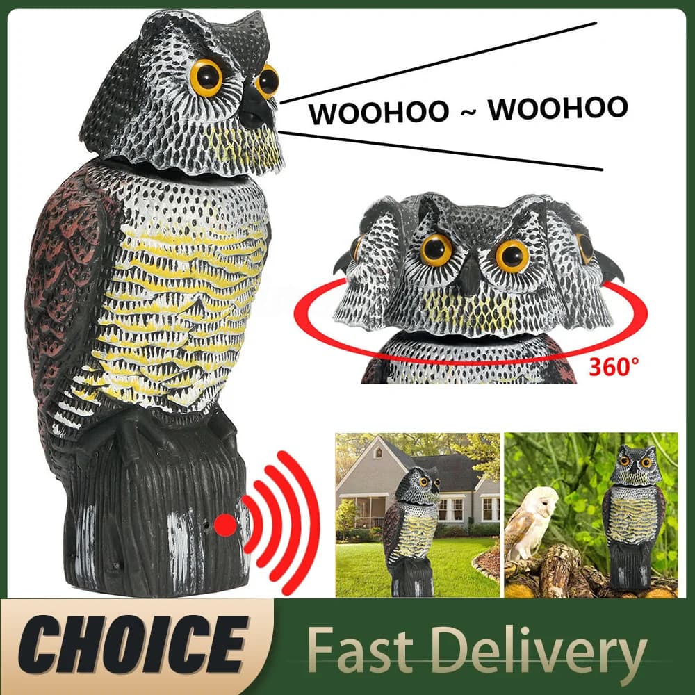 Faux leurre de hibou en plastique, Sculpture d'épouvantail avec tête rotative et son pour jardin, co