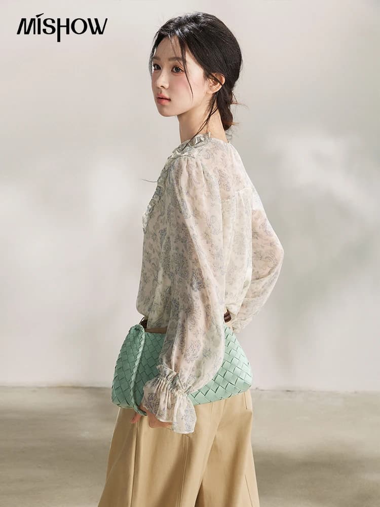 MISHOW – chemisier à volants pour femmes, bleu clair, imprimé Paisley, col en v, manches longues, en