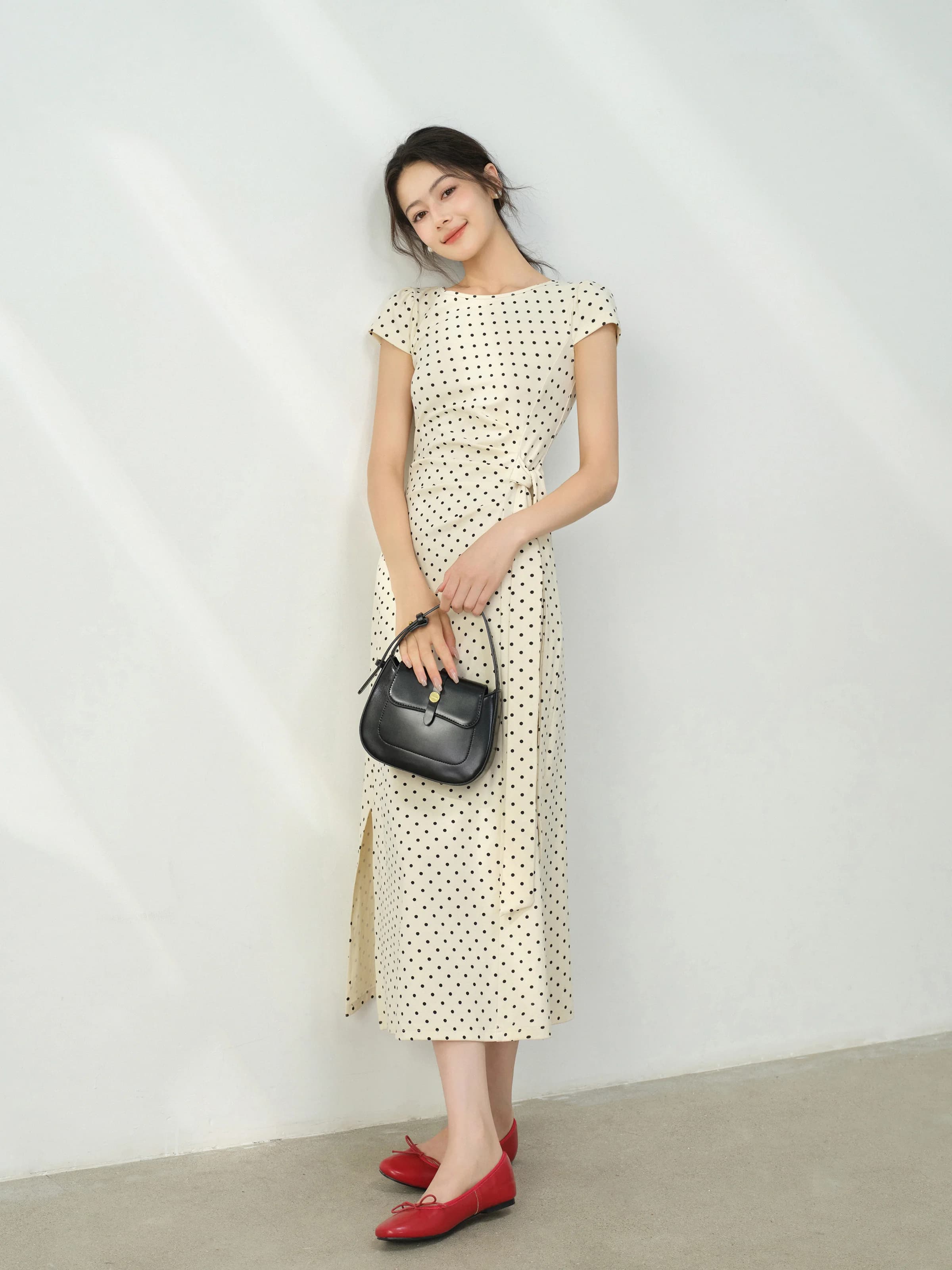 Robe mi-longue française élégante, Vintage, col carré, manches longues, coupe cintrée, cravate à la 