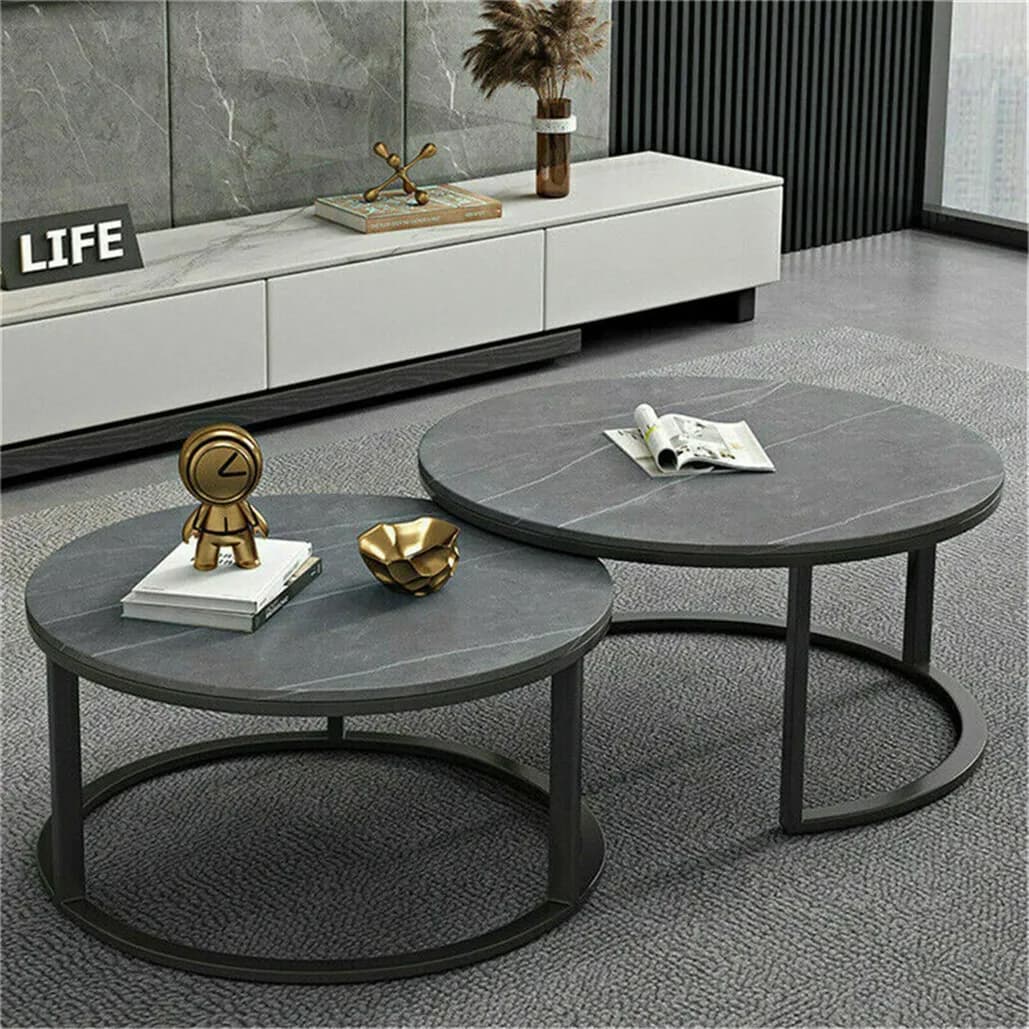 Ensemble de table basse en marbre gris rond nidification moderne, table en pierre frittée, pieds en 