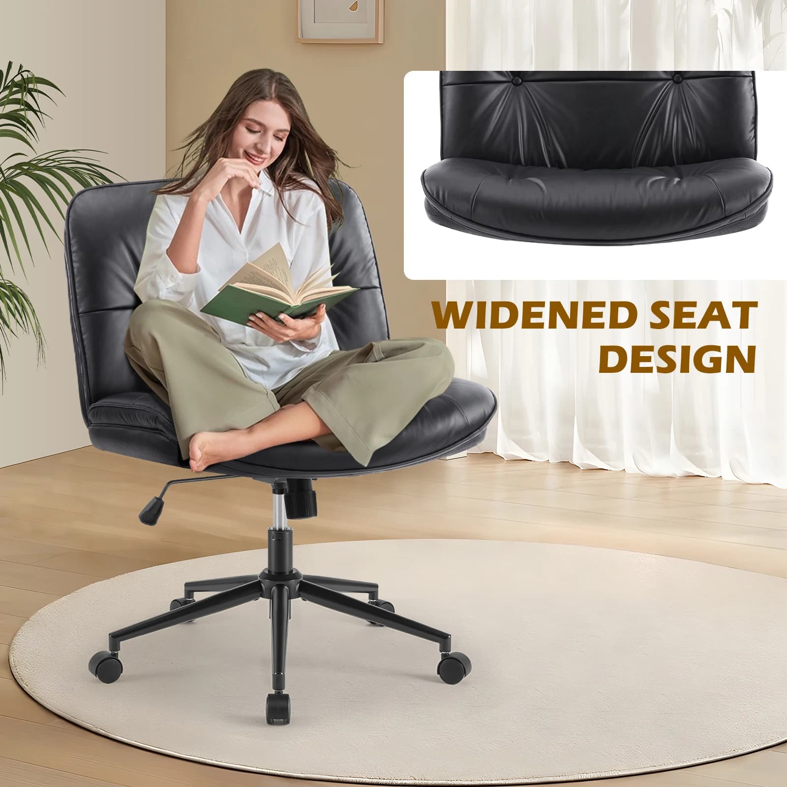 JHK – chaise de bureau en cuir PU à jambes croisées, avec roulettes, sans accoudoirs, siège large pi