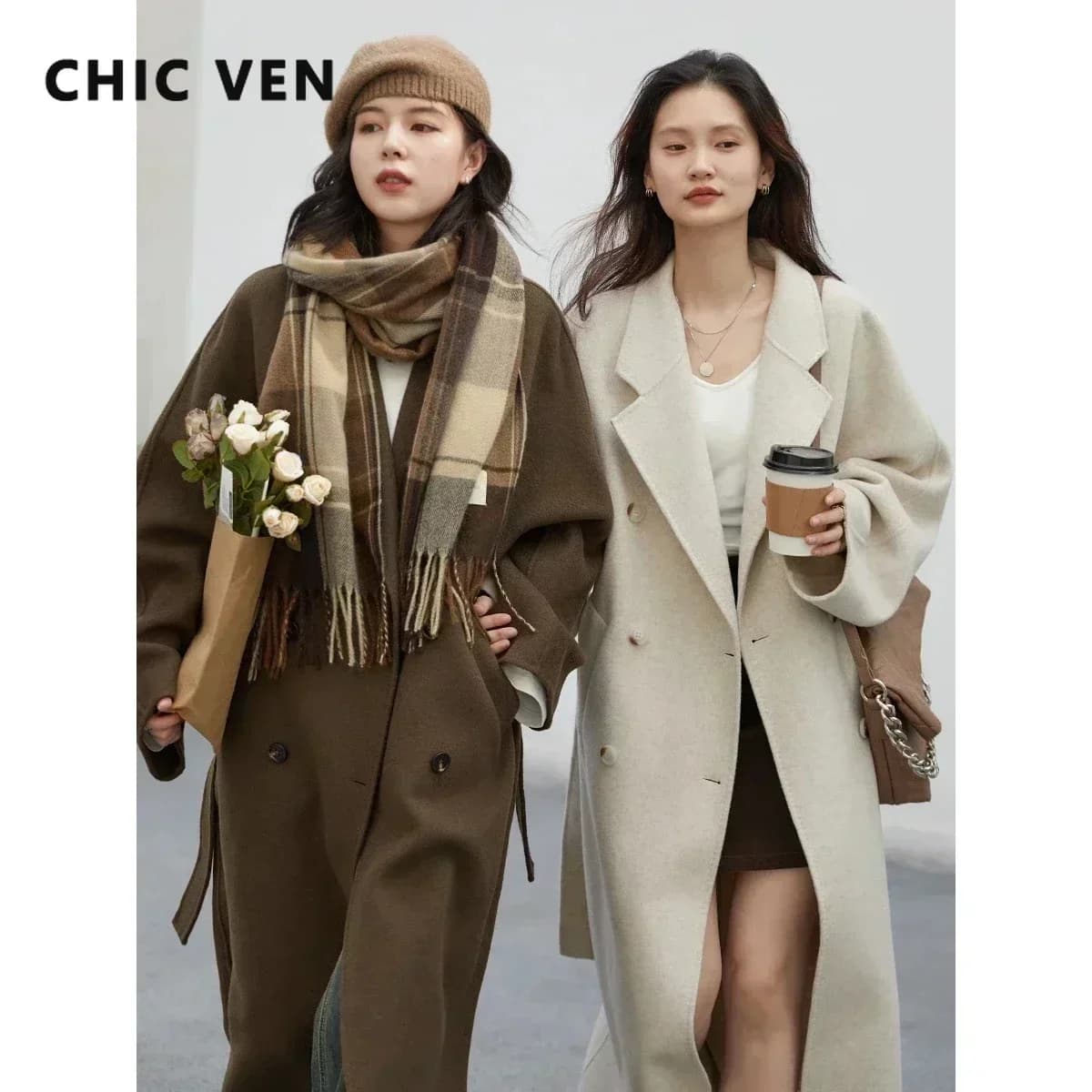 CHIC VEN – manteaux longs en laine Double face pour femme, pardessus rétro ample, Double boutonnage,