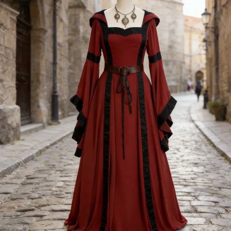 Robe maxi médiévale vintage à capuche, col carré, manches cloche, jupe évasée en dentelle